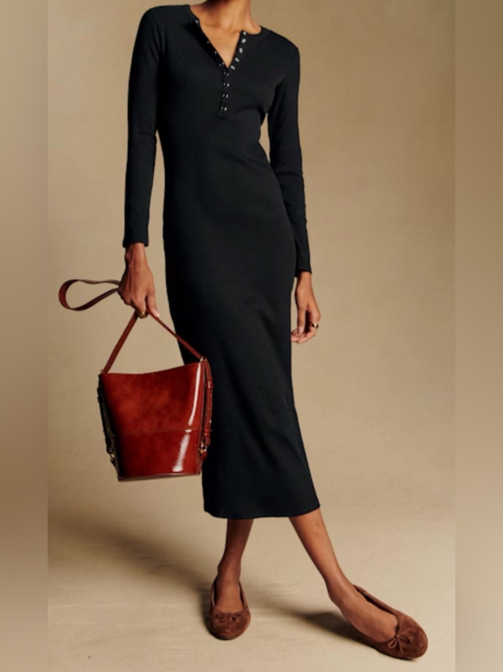 SEZANE Dress Sz M Long Sleeve Black Henley Ribbed Elodie Quiet Luxury Old Money